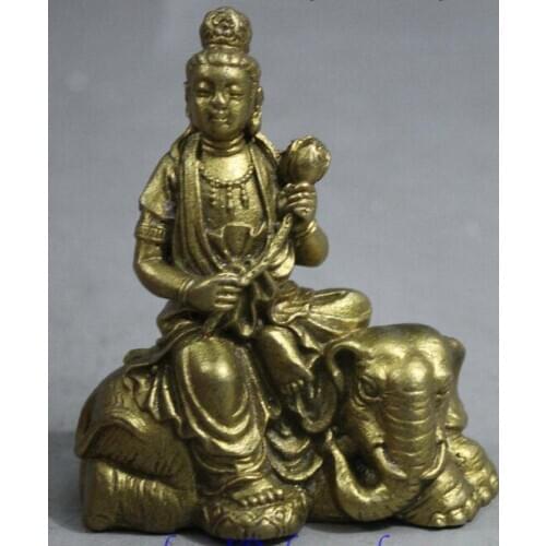 Tibet Temple Brass Hold Lotus Samantabhadra Goddess Buddha Ride Elephant Statue