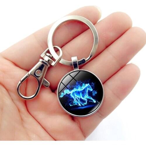 WG 1pc Vintage Running Mustang Animal Keyrings Keychain Time Gem&stone Cabochon Glass Ball Keyring For Mens Car Key Ring