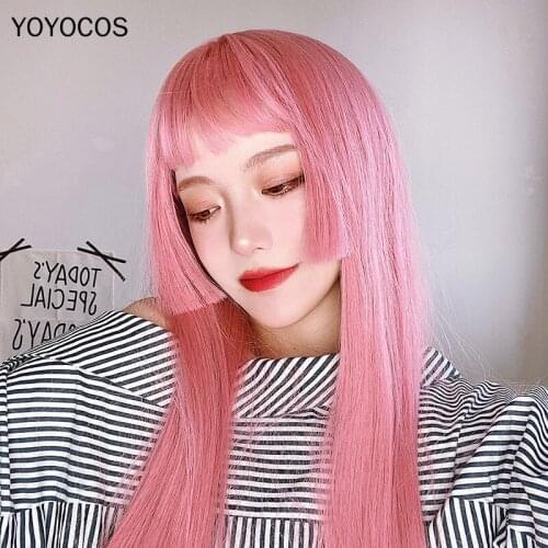 YOYOCOS Pink Kawai Lolita Long Straight Hair Brown Daily Wig 75CM Anime Cosplay Party Festival Wig Heat Resistant Sythentic Hair