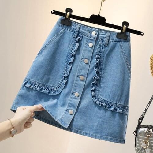 Spring Summer Skirt Women Above Knee Mini A-Line Solid Blue Double Pocket Korean New Fashion Japan Style Female Clothing D293