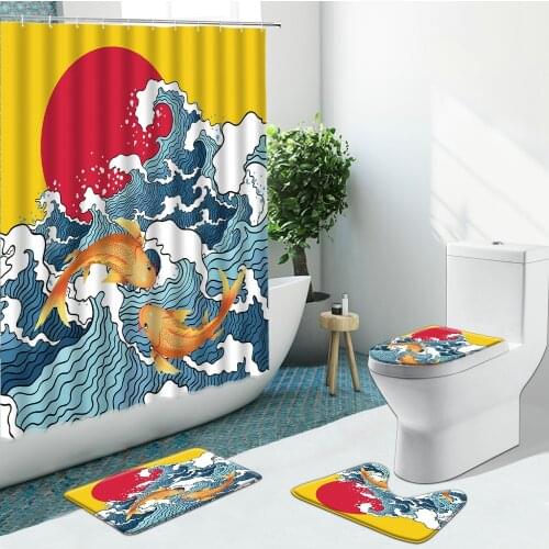 Big Wave Koi Fish Bathroom Set Shower Curtain Fabric Non-Slip Rugs Flannel Toilet Carpet Cover With Hooks Bath Mat Indoor Decor