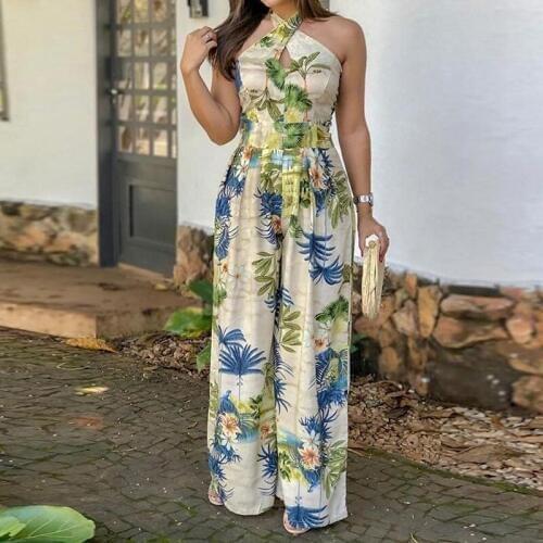 Women Crisscross Halter Tropical Print Jumpsuits 2019 Summer Sleeveless Long Overalls Playsuit Beach Wide Leg Pants Romper