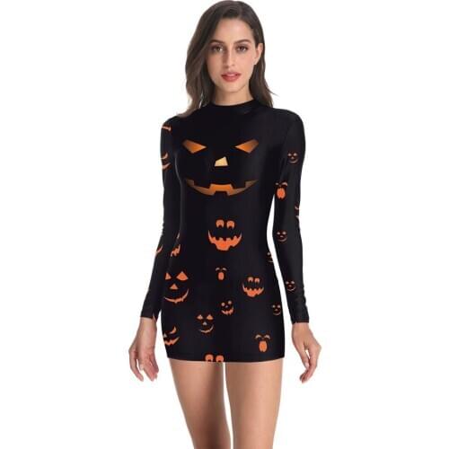 Halloween Pumkin Costume Adult Scary Dress Women Sexy Tight Bodysuit 3D Print Party Cosplay Long Sleeve Outfit Women