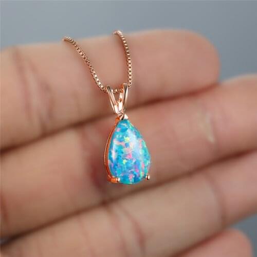 Female Rainbow Opal Stone Necklace Cute Small Water Drop Pendant Necklace Boho Rose Gold Color Chain Wedding Necklaces For Women