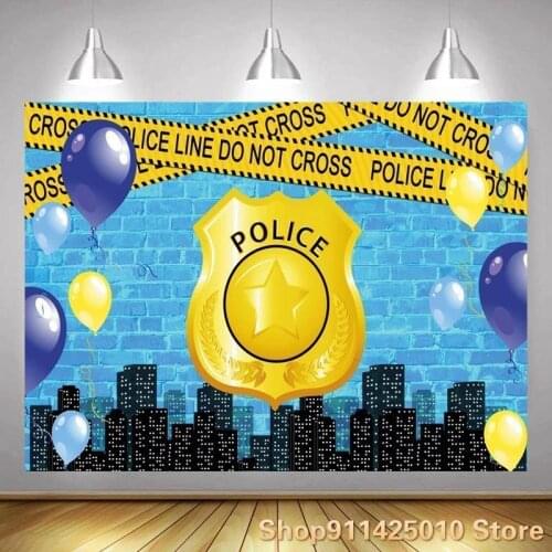 Gold Police Badge City Guard Kids Birthday Backdrop Cake Table Decor Police Line Do Not Cross Theme Party Background Photography