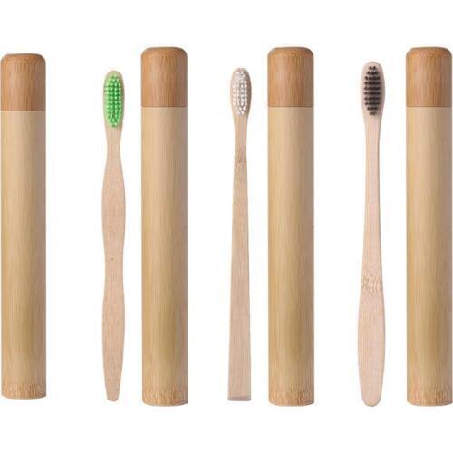 1pcs Safety Bamboo Handle Toothbrush and 1pcs Bamboo Tube Travel Case Organizer Single-Point Nylon Ground Carbon Brush Wire