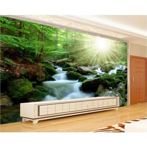 3d customized wallpaper Home Decoration Sunshine forest stone waterfall landscape painting window mural wallpaper