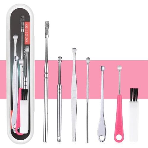7Pcs/set Ear Wax Pickers Stainless Steel Earpick Wax Remover Curette Ear Pick Cleaner Ear Cleaner Spoon Care Ear Clean Tool