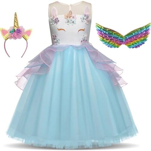 Kids Unicorn Girl Princess Dress Wedding Evening Dress Chilren Costume Cosplay Party Birthday Girls Baptism Clothes 3-8Year