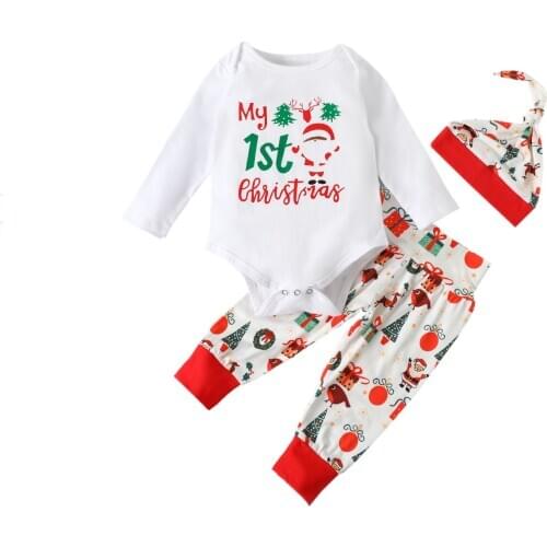 Infant Christmas Clothes Newborn Baby Girls Boys Long Sleeve Romper+Long Pants+Hat 3-18 My st Christmas Outfits Xmas Clothing