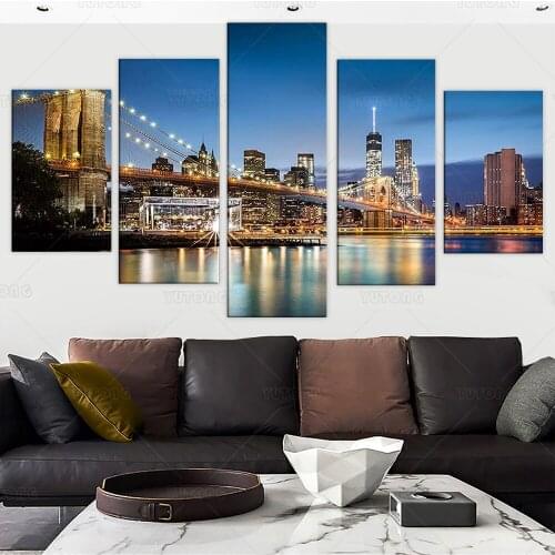 Framed New York Brooklyn Bridge Canvas Wall Art Night View 5 Panels Large Modern Landscape Artwork Canvas Prints City Pictures