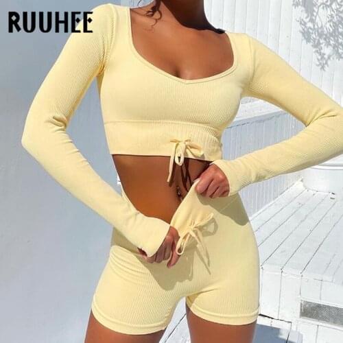 Ruuhee 2 PCS Seamless Yoga Sets Women Workout Fitness Gym Clothings Sportswear High Waist Leggings Long Sleeve Sports Suits