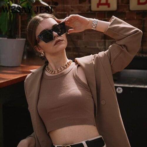 WESAY JESI Vintage Khaki Ribbed Knit Tank Tops Women 2021 Summer Solid Color Bodycon Camis Cool Girls Streetwear Soft Cropped