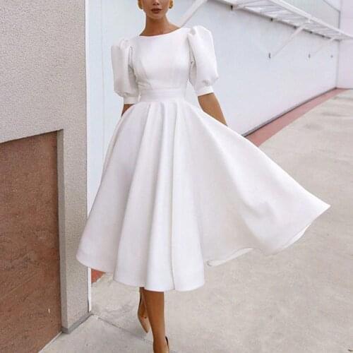 Fashion Elegant Swing Party Long Women Dress White Frill Lantern Sleeve Mid Caf Bridesmaids Dress Wedding Banquet Dress