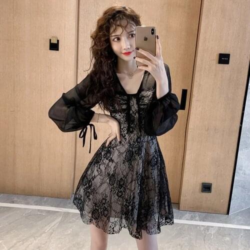 Fashion Vintage Perspective Long Sleeve Midi Party Dress Ladies Elegant Korean Casual Streetwear Folds Lace Black Short Dress