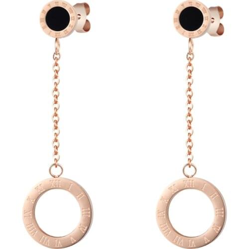 Fashion Two Style Rose Gold Color Earring Enamel Roman Mumeral Hanging Circle And Small Square Hanging Circle Woman Drop Earring