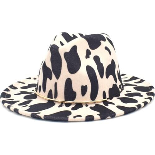 FUODRAO New Fashion Cow Print Fedoras Hats For Women Wool Blend Jazz Caps Men Wide Brim Cowboy Hat Man Dropshipping NN10