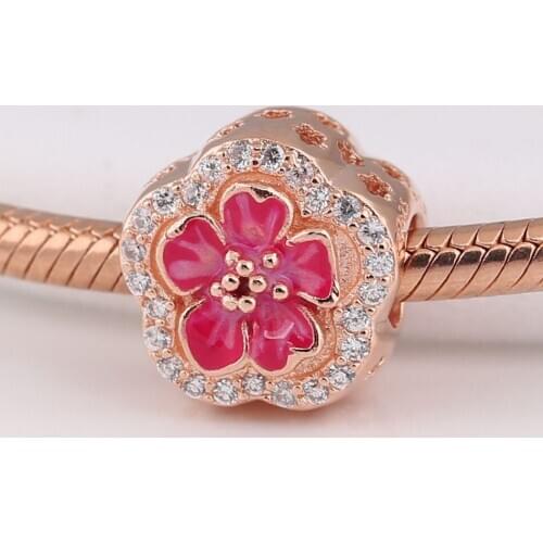 Authentic S925 Silver Enamel Peach Blossom Flower With Crystal Bead Charm fit Lady Bracelet Bangle DIY Jewelry