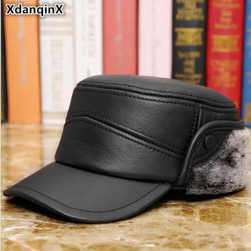XdanqinX Middle-aged Mens Genuine Leather Hat With Ears New Winter Warm Earmuffs Leather Flat Caps For Men Dads Cowhide Hats
