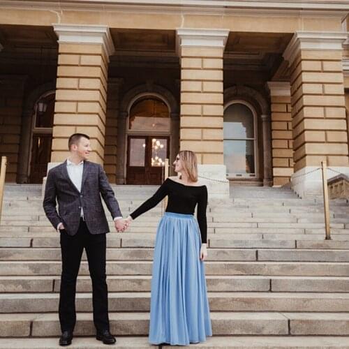 Chiffon Long Skirt Sky Blue Elastic Waistband Floor Length for Temperament Wedding Cocktail Party A-line Casual Dress 2021