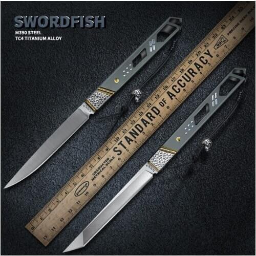 TURENZ M390 Steel Fishing Knife Titanium Handle Tanto Knives Outdoor Camping Tool Fixed Thin Blade Knife with Kydex Scabbard