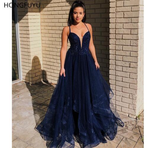 HONGFUYU A-line Pretty Tulle Prom Dress Vestidos Floral Rhinestone Formal Evening Gowns Party Dresses Criss Cross Strappy Back