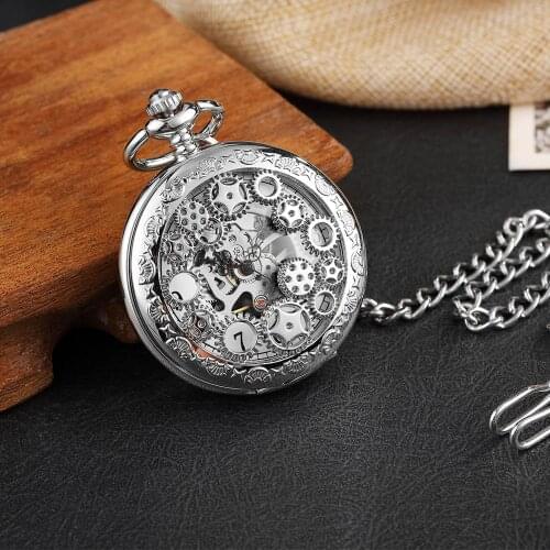 Vintage Silver Hand Wind Mechanical Pocket Watch Men Hollow Gear Double-sided Steampunk Skeleton Fob Watch Necklace With Chain
