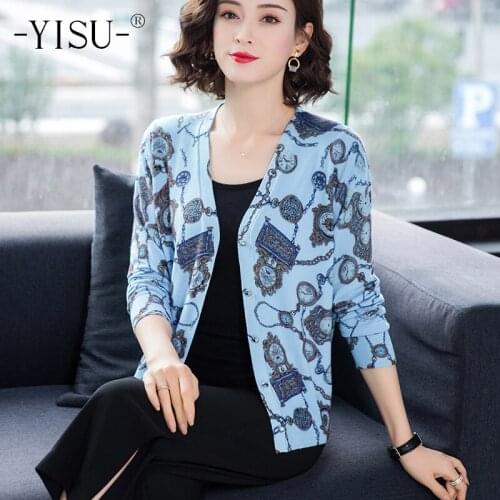 YISU Fashion Knitted Cardigan Women Coat 2020 Autumn Winter V Neck Long Sleeve Sweater Coat Tops Fashion Printed cardigan Women