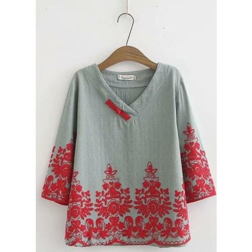 Plus Size XL-4XL Fashion Womens Floral Embroidery Shirts Vintage 3/4 Sleeve Tops Office Wear T-Shirts