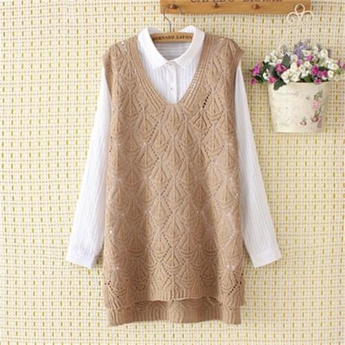 Women Spring Autumn Vest Sweaters Solid Color Vintage V Neck Sleeveless Hollow Out Knitted Long Oversized Vest for Female