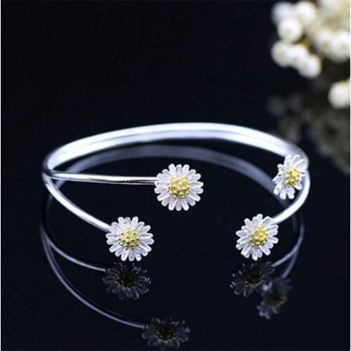 ANENJERY 925 Sterling Silver Vintage Fashion Bangles For Women Gift Four Sun Flower Cuff Bracelet Bangle S-B141