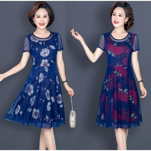 2021 Summer Middle Aged Women Vintage Mesh Midi Dress Floral Print Short Sleeve Dresses Elegant Bodycon Vestidos Plus Size X57