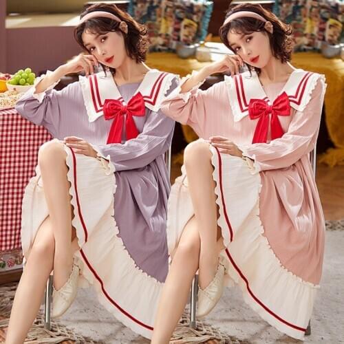 2021 Spring Sweet Bow Princess Long Sleeve Nightgowns for Women Sailor Collar Sleepwear Night Dress Home Dress Nightdress Nighty