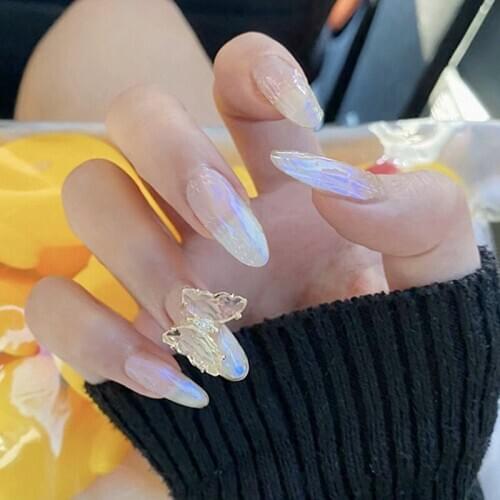 24PCS Fake Nails With Glue Designed Blue Light Water Butterfly Long Aurora Mermaid Manicure Patch Removable False Nails TN