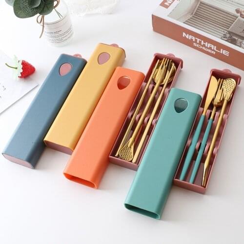 3-4PCs Glossy Stainless Steel Tableware Spoon Fork Knife Straw Reusable PE Travel Cutlery Set Camp Utensils Set Portable Case
