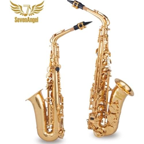 SevenAngel Alto Saxophone Brass Lacquered Gold E Flat Sax bE Key Woodwind Instrument with Cleaning Brush Cloth Gloves Case