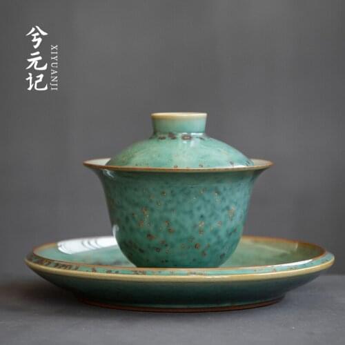 Turquoise green Sancai cup deep water green tea cup single handmade ceramic tea set tea bowl porcelain not hot high end