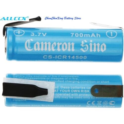 Cameron Sino 700mAh 14500 battery with sheet metal, please note the difference is one battery has a hole on the sheet metal