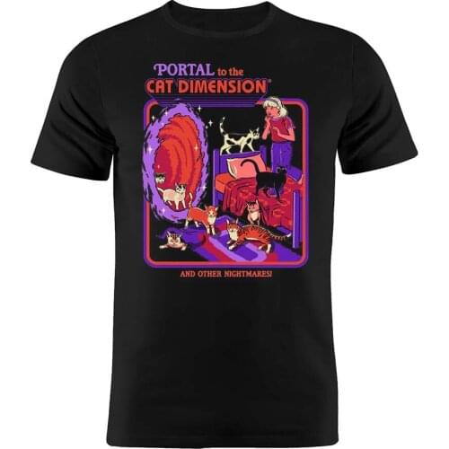Mens T Shirt Cotton Funny Portal To Cat Dimension Dark Humor Artsy Printed Retro Vintage 50s Poster Artwork Black Tee