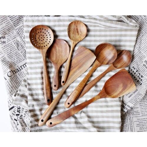 Thailand Teak Natural Wood Tableware Spoon Ladle Turner Long Rice Colander Soup Skimmer Cooking Spoons Scoop Kitchen Tool Set
