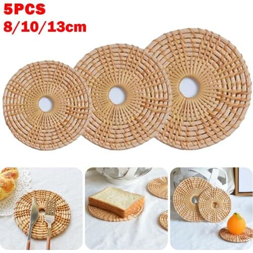 5Pcs Round Rattan Placemats Kitchen Coaster Woven Dining Table Mats Heat Insulation Pot Holder Cup Coasters Kitchen Accessories