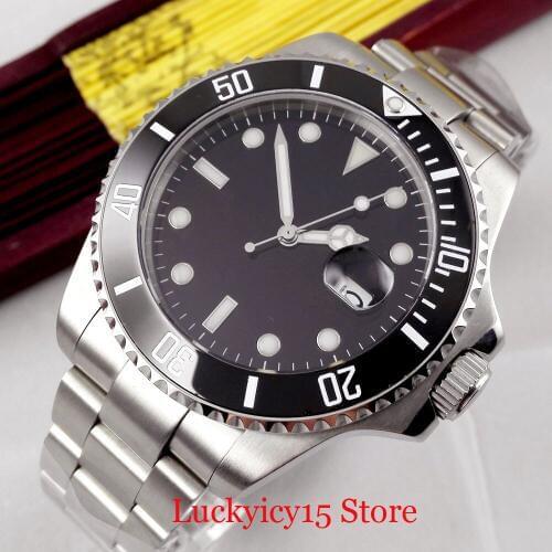 43mm Mechanical Watch Men Black Sterile Dial Sapphire Glass Date Window Mental Strap MIYOTA Movement
