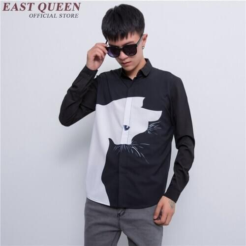 Mens shirts casual slim fit cat print male long sleeves shirt cat social shirt male NN0990 C