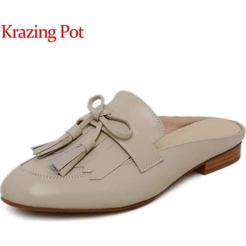 Krazing pot genuine leather low heel round leather tassel bowtie solid simple style fashion beauty girls mules women sandals L22