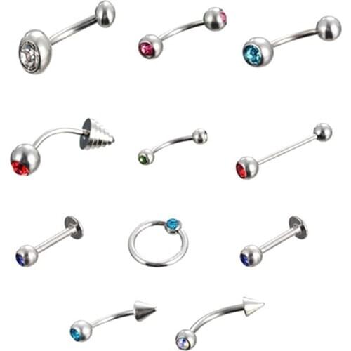 Mixed 11pcs/set 316L Stainless Steel Nose Eyebrow Tongue Nail Ear Stud Navel Lip Nipple Ring Colorful Gems Body Piercing Jewelry