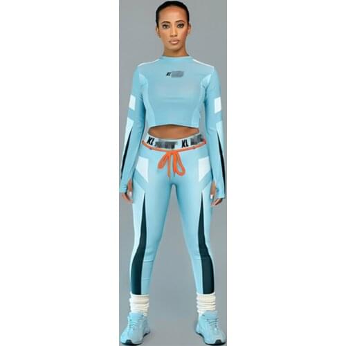 NiMi Newr Women Letter Print Slim Fit Long Sleeve Sports Fitness Suit Sportswear Stretch T-shirt Tops Leggings Elasticity Sets