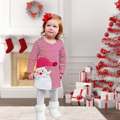 New 9Months-6Years winter warm Toddler Kids Baby Girls Santa Striped Princess Dress Christmas Outfits Clothes robe bebe fille M5
