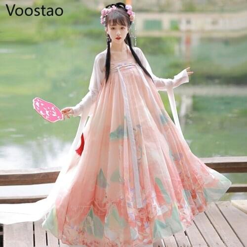 Chinese Style Sweet Princess Hanfu Dress Ancient Traditional Women Elegant Floral Print Fairy Dresses Female Folk Dance Costumes