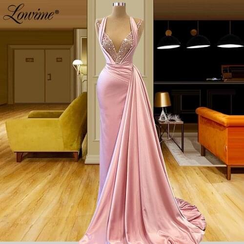 Lowime Pink V Neck Party Dresses 2021 Sexy Evening Dresses Beading Crystal Sparkle Formal Dress Mermaid Custom Made Prom Gowns