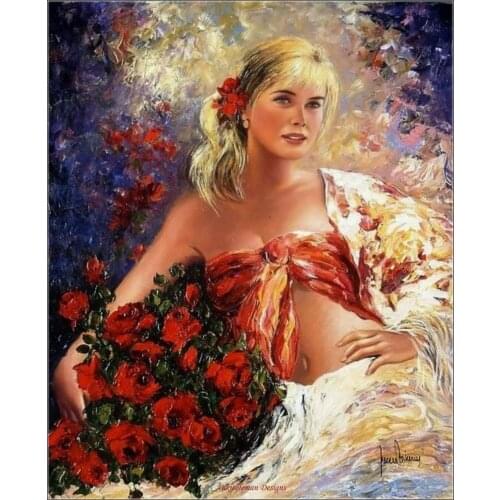 Counted Cross Stitch Kits Needlework Embroidery - Crafts 14 ct Aida DMC Color DIY Arts Home Decor - Girl with Red Flowers